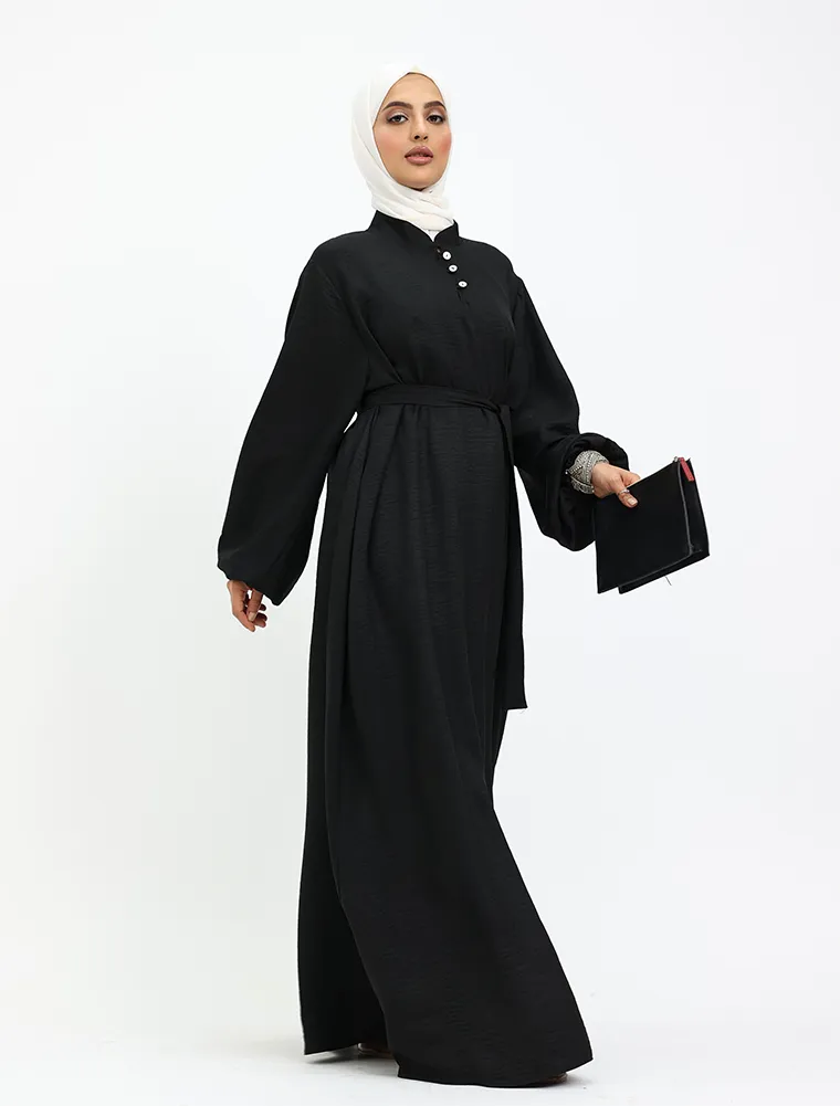 Black Linen Feel Nehru Collar Maxi